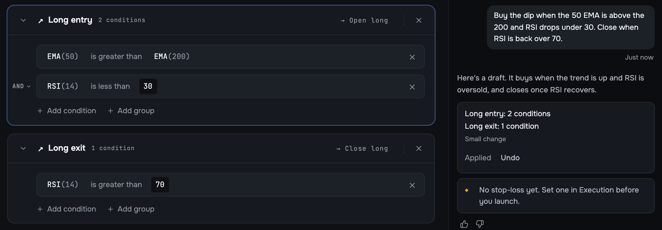 One sentence, drafted into an entry and an exit you can read and edit.