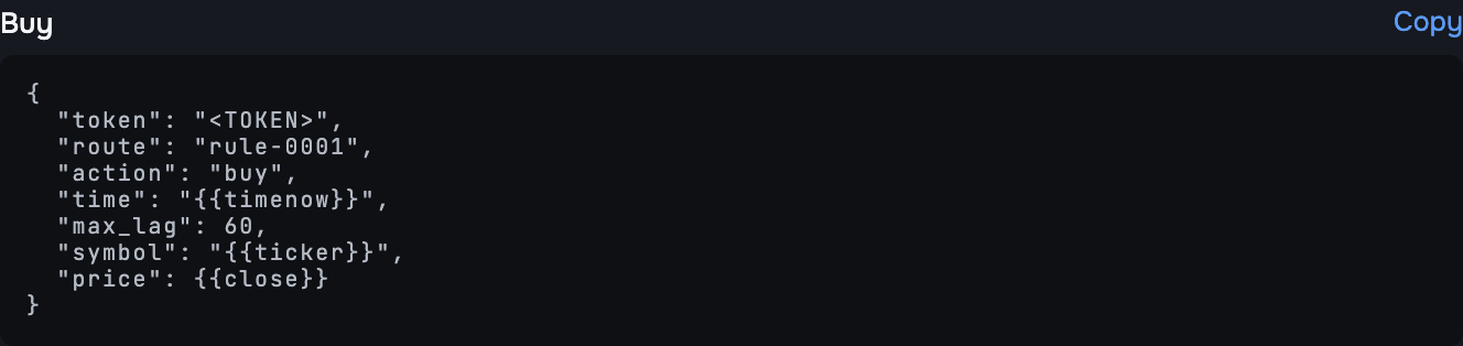 The alert message Vectorhelm writes for your strategy. Paste it into TradingView as it is.